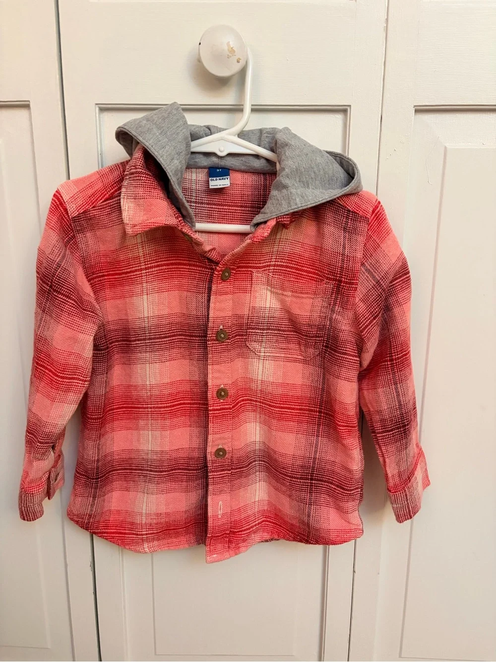 Old Navy Red and Gray Plaid Hooded Button-Down Shirt for Kids